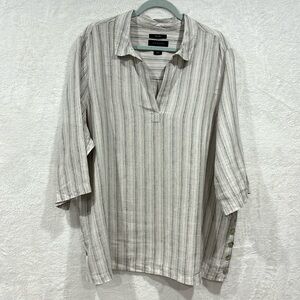 Tahari Linen Blouse 2X Striped Pearl Button Top